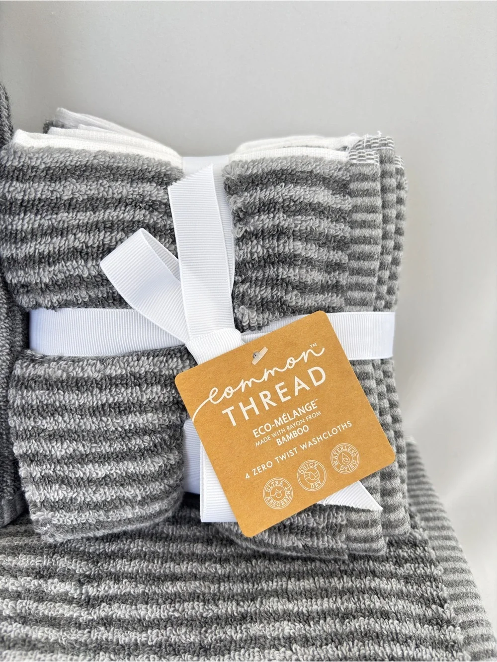 NWT 8Pc Common Thread Bamboo Eco-Melange Charcoal Grey Striped Bath Towels Set
